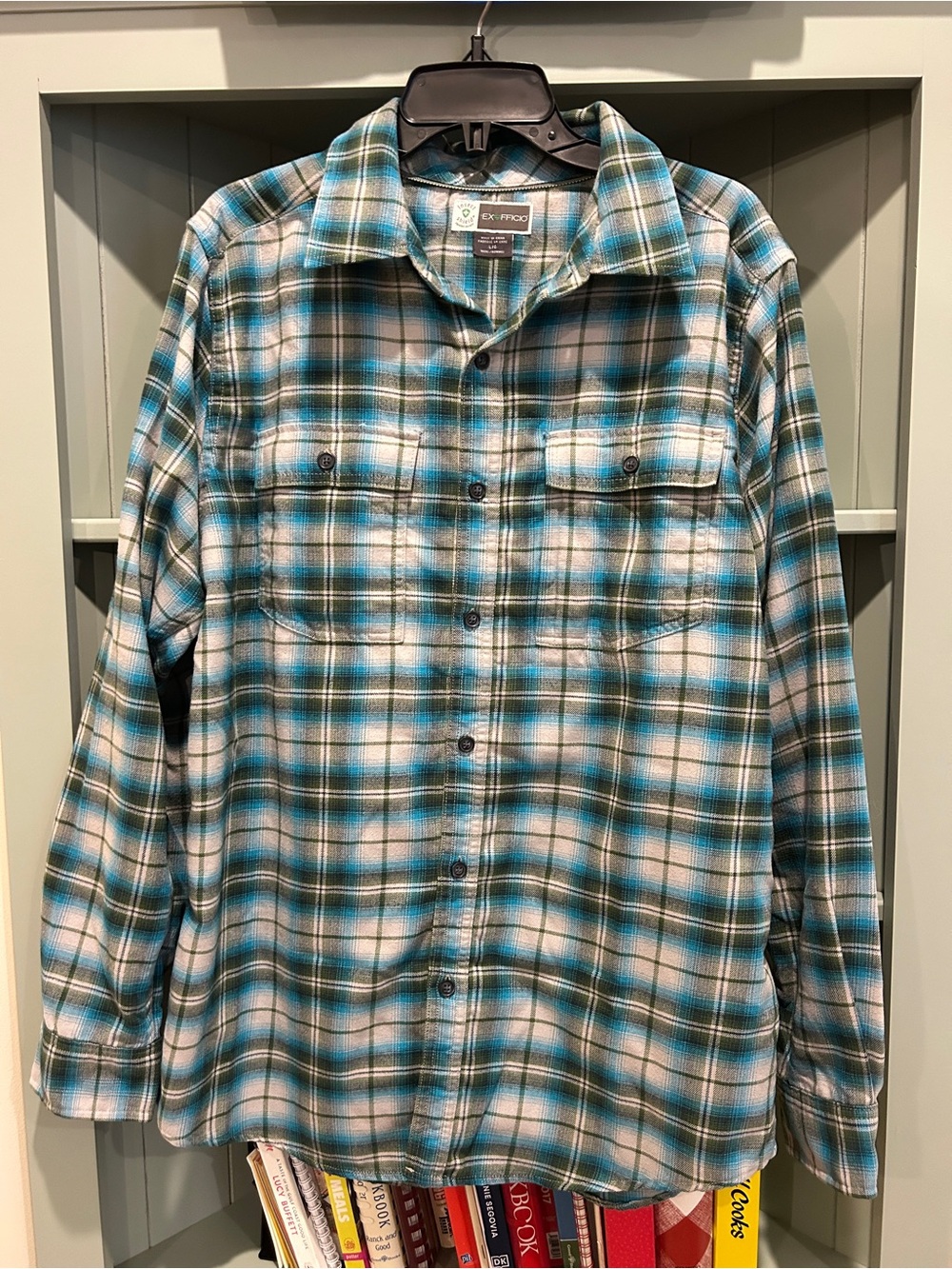 Exofficio Teal, White and Black Flannel Button-Down Shirt